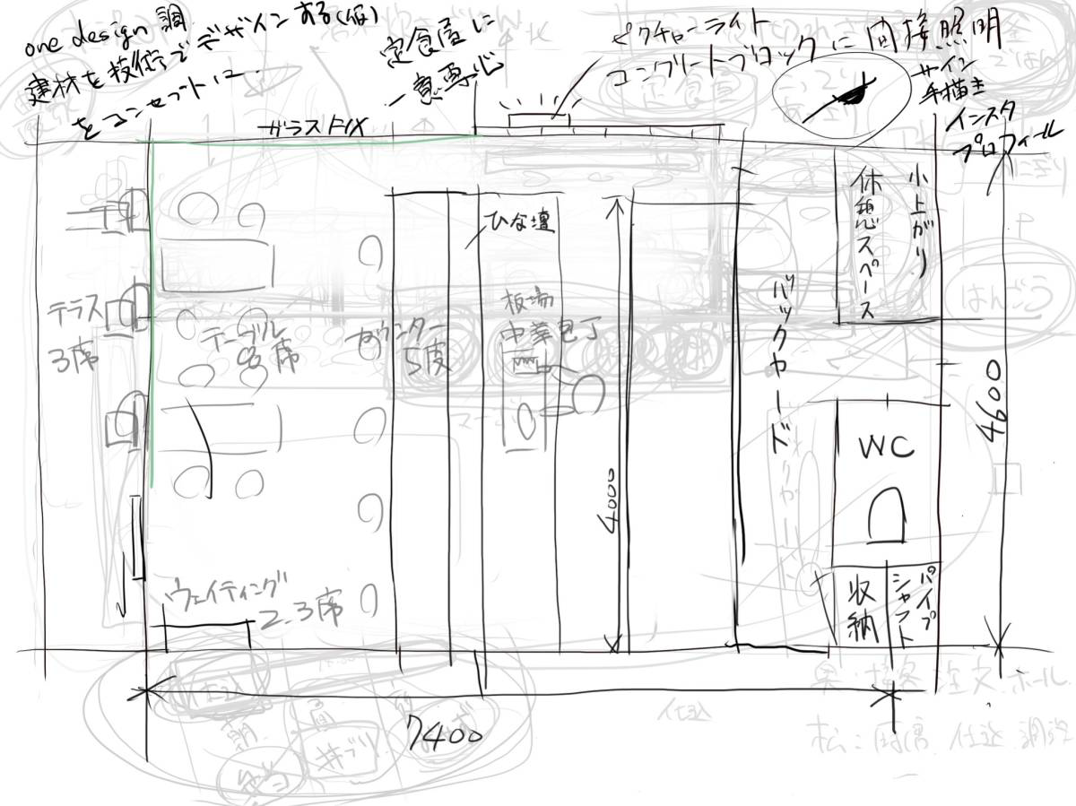 店舗内の動線と設備を検討したスケッチ